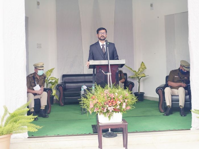 ADG SR Saravanam, speaking at  the Home Guards  Civil Defence & SDRF  58th Raising Day programme in Kohima on December 6. (DIPR Photo)